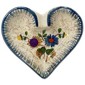 German Heart Shape Floral Hand Painted Ceramic Jewelry Trinket Dish Cottage VTG